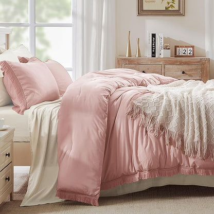 Andency Pink Comforter Set King Size for Girls, Blush Boho Women Tassel Lightweight Bedding Comforter Sets, 3 Pieces All Season Soft Fluffy Fringe Bed Set (104x90In Comforter & 2 Pillowcases)