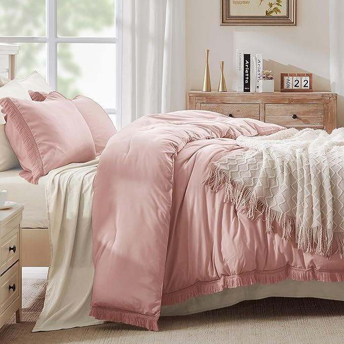 Andency Pink Comforter Set Full Size for Girls, Blush Boho Women Tassel Lightweight Bedding Comforter Sets, 3 Pieces All Season Soft Fluffy Fringe Bed Set (79x90In Comforter & 2 Pillowcases)