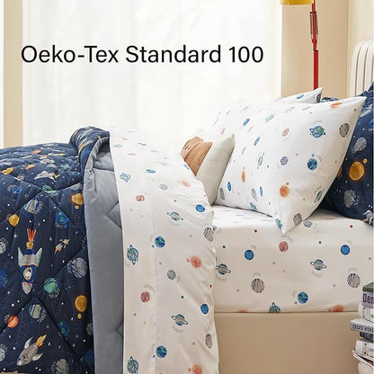 Twin Size Space Kids Bedding Set for Girls, 7 Pieces Super Soft Lightweight Microfiber Comforter Set with Sheets, Bed in a Bag, Durable Children Bed Set