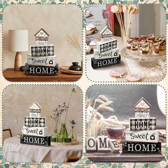 Moucuny 4 Pcs Farmhouse Table Decor Rustic Home Sweet Home Farmhouse Tiered Tray Decor Retro Wooden House Shaped Block Signs Housewarming Gifts Neutral Centerpiece for Kitchen Shelf