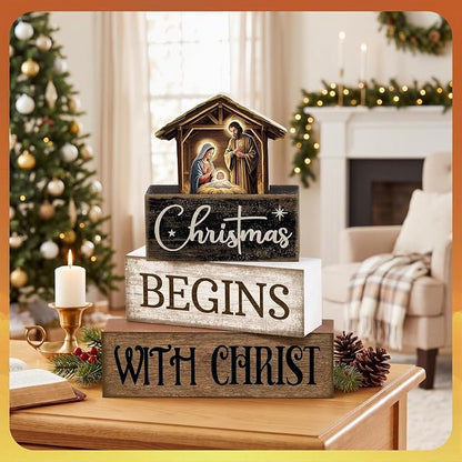 Moucuny 4 Pcs Christmas Table Decoration Christian Wooden Stacked Block Decor, Christmas Begins with Christ Signs with Nativity Scene Topper, Rustic Religious Xmas Tiered Tray Decor for Home Church