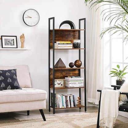 VASAGLE 5-Tier Bookshelf, Book Shelf, Industrial Bookcase, with Steel Frame, for Living Room, Home Office, Bedroom, 9.4 x 24.4 x 65 Inches, Rustic Brown and Black ULLS025B01