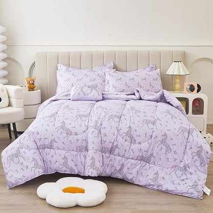 Mooreeke Full Size Comforter Sets for Girls Kids, 8 Pieces Bed in a Bag Purple Floral Unicorn Bedding Comforter Sheet Set with Shams and Decorative Toy Pillow, Ultral Soft Microfiber Kids Bed Set