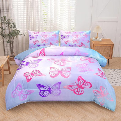 Tailor Shop Butterfly Comforter Sets King Size,Purple Butterfly Bedding Sets for Girls Kids Teens with 2 Pillowcase…