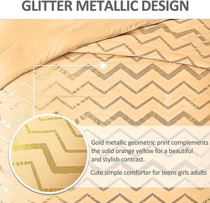 Yellow Gold Comforter Set Queen Size Metallic Bedding Set for Girls Lightweight Microfiber Comforter Set,4 Piece (2 Matching Sham + 1 Decorative Pillow)