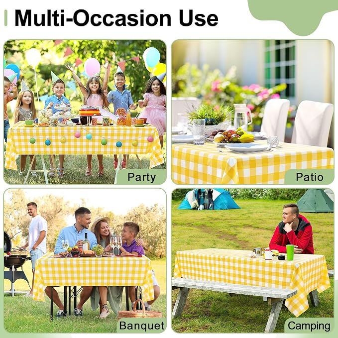 4 Packs Buffalo Disposable Table Cloth, 54 x 108 Inch Waterproof Plastic Tablecloth, Rectangle Yellow and White Checkered Table Covers for Picnic, Birthday, Party, Back to School