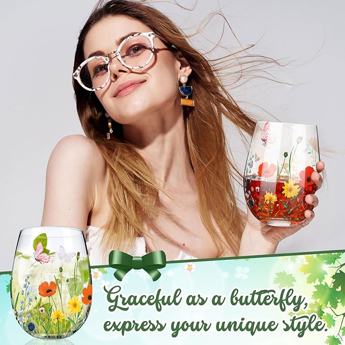 Sliner 2 Pack 17oz Wildflower Stemless Wine Glasses Floral Butterfly Drinking Glasses Spring Flowers Tumbler Cups for Graduation Wedding Mother's Day Birthday Drinking Party Favors