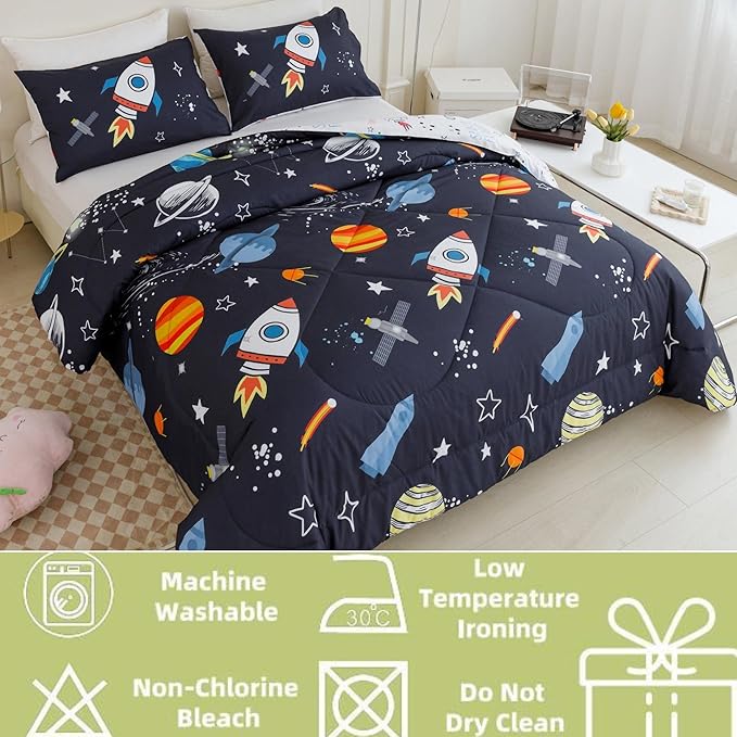 RYNGHIPY Kids Comforter Set Queen Size, Cute Space Rocket Bedding Set for Boys Girls, Space Themed Teen Boy Bedding (Space Rocket,Queen)