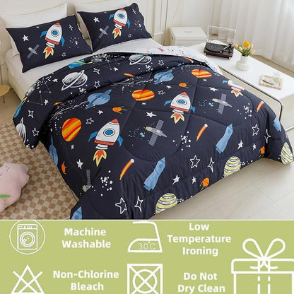 RYNGHIPY Kids Comforter Set Queen Size, Cute Space Rocket Bedding Set for Boys Girls, Space Themed Teen Boy Bedding (Space Rocket,Queen)