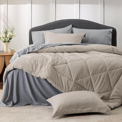 Bedsure Beige Full Comforter Set - 7 Pieces Reversible Bed Set Bed in a Bag Full with Comforters, Sheets, Pillowcases & Shams, Full Bedding Sets