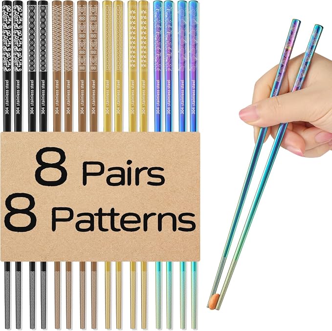8 Pairs Metal Chopsticks Reusable Multicolor Stainless Steel Chopsticks Set Laser Engraved Non-slip Japanese Korean Chinese Chopstick for Cooking Eating Dishwasher Safe 9.25" Chop Sticks Gift Set