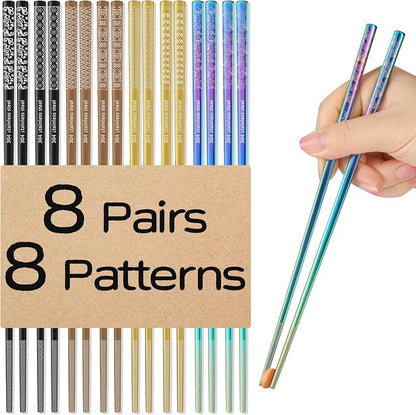 8 Pairs Metal Chopsticks Reusable Multicolor Stainless Steel Chopsticks Set Laser Engraved Non-slip Japanese Korean Chinese Chopstick for Cooking Eating Dishwasher Safe 9.25" Chop Sticks Gift Set