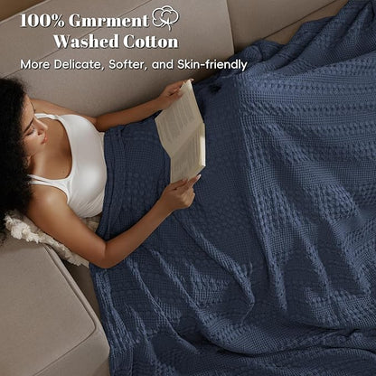 PHF 100% Cotton Waffle Weave Blanket Queen Size, Soft Lightweight Breathable Cozy Summer Blankets for Bed, Luxury Aesthetic Woven Bedding for Home Decor, 90"x90", Dark Navy