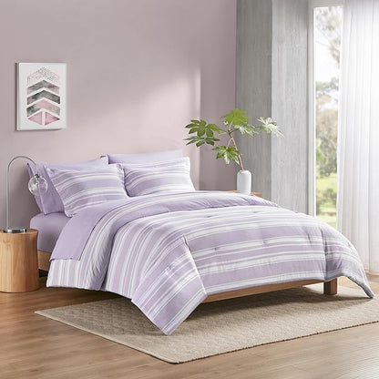 Codi Full Comforter Set 7 Piece, Lavender Purple Striped Bed in a Bag Reversible for All Seasons, Cationic Dyeing Bedding Sets with Comforter, Sheets, Pillowcases & Shams