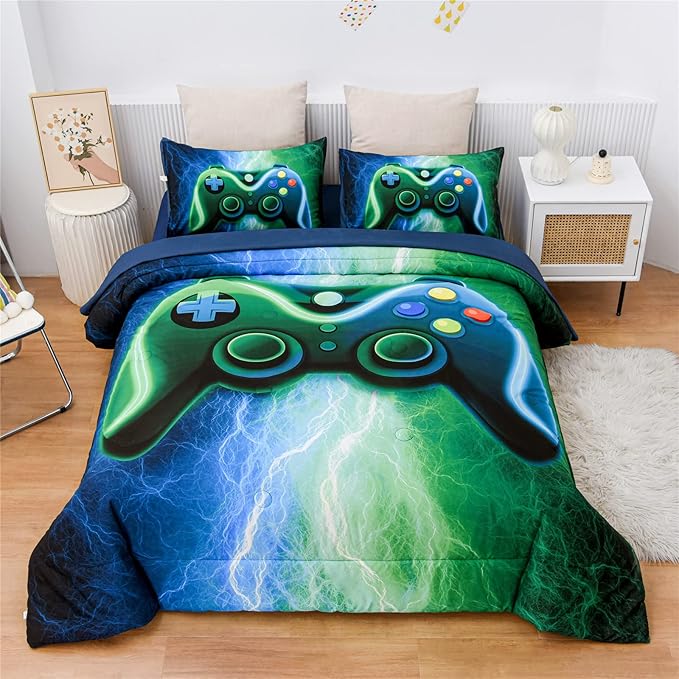 Meeting Story Gamer Gaming Bedding Sets Red Blue Lightnings Gamepad Comforter Set for Boys Games Console Action Buttons Novelty Colorful Modern Room Decor Home Quilt Set (Blue-Green, Twin 5Pcs)