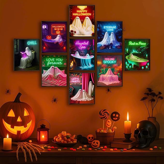 LANCHI95 Halloween Ghosts Wall Art Halloween Wall Art Gothic Romantic Couple Cute Ghost Wall Decor Pictures Horror Wall Decor for Living Room Bedroom, Set 9pcs - 8x10 in (UNFRAMED)
