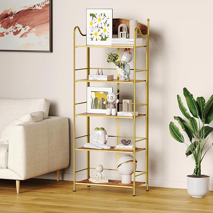 Folding Bookshelf No Assembly, 5 Shelf Gold Folding Bookcase, Industrial Tall Metal Collapsible Corner Book Shelf with Storage Shelves for Bedroom, Living Room, Home Office Organization