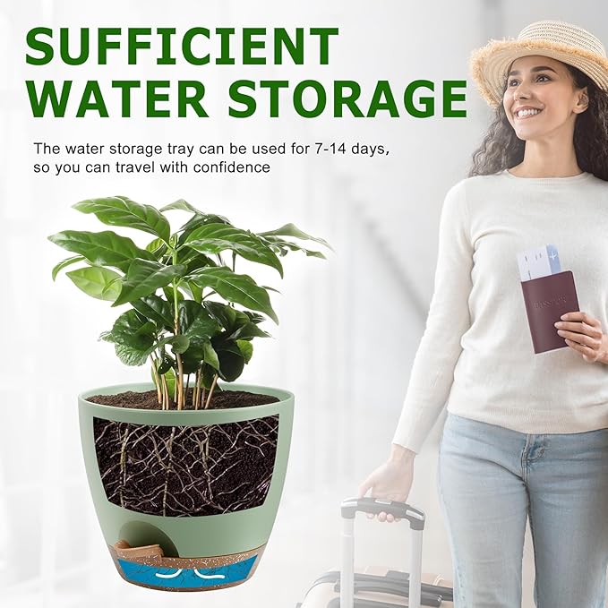 Plant Pots 12/10/9 Inch Self Watering Pots, Set of 3 Plastic Planters with Drainage Holes and Saucers,Plastic Flower Pots,Nursery Planting Pot for Indoor Out Door Plants(Green)