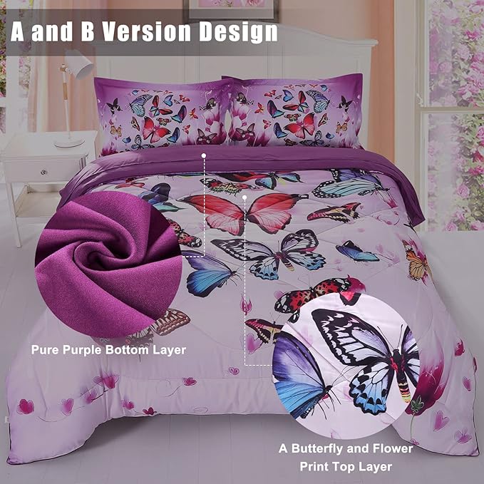 ENCOFT Pink and Purple Butterfly Comforter Set Twin, 3 Pieces Soft Microfiber Lightweight Butterfly Twin Bed Comforter Set, Extra Long Twin XL Comforter for Girls, Teen, 68"x92"