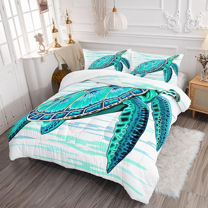 CVHOUSE Sea Turtle Bedding Set,Sea Turtle Comforter Full,Ocean Bohemia Comforter Set for Boys Kids Girls,Ocean Quilt Set with 1 Comforter and 2 Pillow Cases