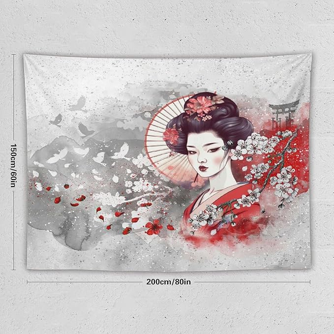Japanese Geisha Tapestry Asian Red Cherry Blossom Traditional Kimono Folk Tapestries Home Decor for Living Room Bedroom Apartment Farmhouse Dorm 80"x60"