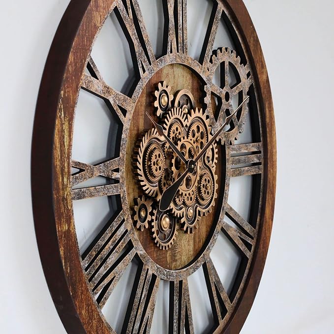 The Gears Clock 36'' Inch Real Moving Gear Wall Clock Vintage Industrial Oversized Rustic Farmhouse (Vintage Brown)