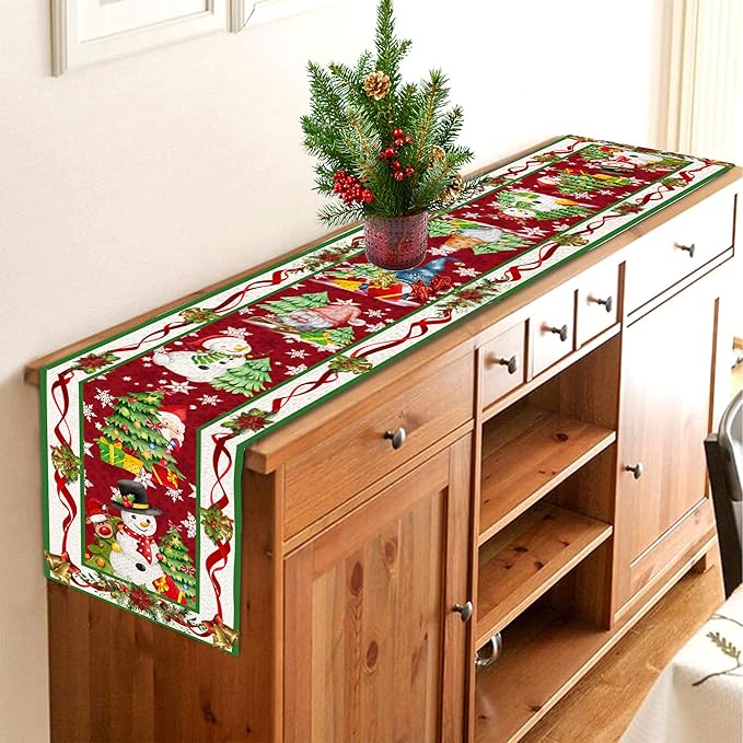 Christmas Table Runner 108 Inches Long Snowflake Buffalo Plaid Table Runner Christmas Theme Holiday Xmax Snowman Gnome Christmas Table Runner for Kitchen Dining Table Home Party Decorations