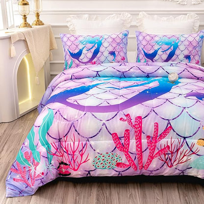 CVHOUSE Mermaid Comforter Set,Rainbow Mermaid Bedding Set for Girls Kids Teens,Rainbow Mermaid Comforter Mermaid Duvet Set Room Decor Quilt Set Queen Size