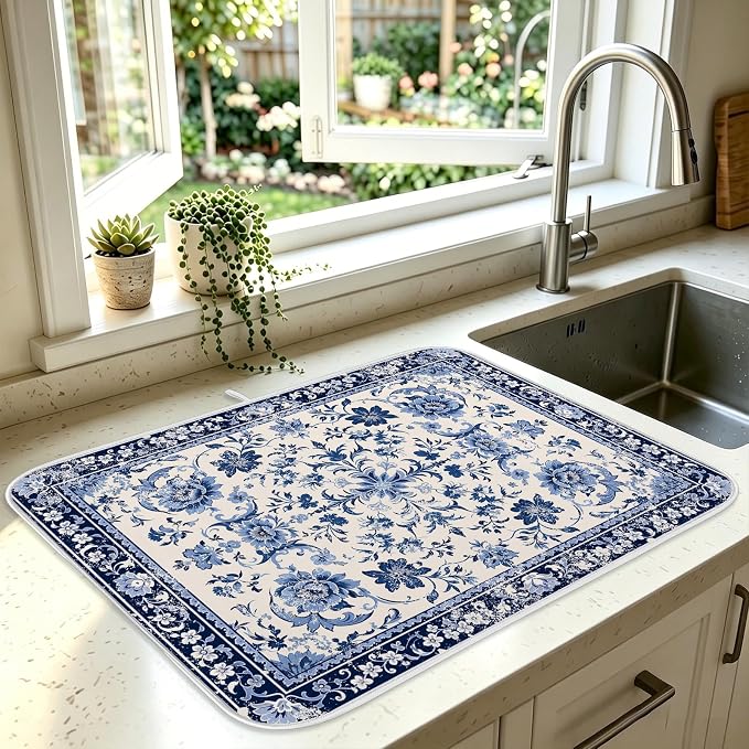 Chinoiserie Dish Drying Mat for Kitchen Coffee Bar 18x24 in Home Decor | Chinese Aesthetic Non Slip Absorbent Kitchen Dishes Drainer Mat, with Anti-slip Rubber Backing & Hanging Loop, for Sink