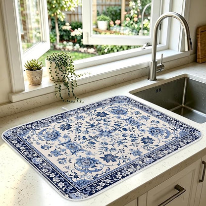 Chinoiserie Dish Drying Mat for Kitchen Coffee Bar 18x24 in Home Decor | Chinese Aesthetic Non Slip Absorbent Kitchen Dishes Drainer Mat, with Anti-slip Rubber Backing & Hanging Loop, for Sink