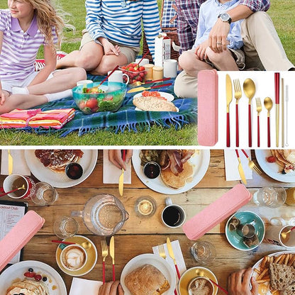 AARainbow 8 Pieces Stainless Steel Flatware Set Portable Reusable Cutlery Set Travel Utensils Set Including Chopsticks Knife Fork Spoon Straws Cleaning Brush Dishwasher Safe (B-Red Golden)