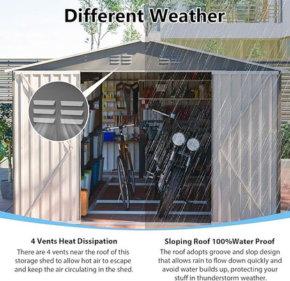 10x14 FT Outdoor Metal Storage Shed with Side Door & Floor Frame, Extra-Large Tool Shed with Lockable Double Doors, Weatherproof Garden Shed for Backyard, Lawn Equipment and Patio Storage