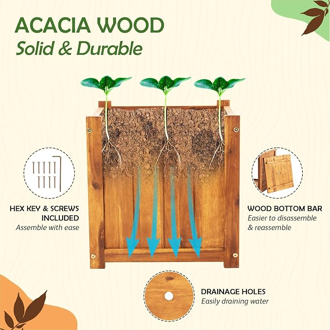 Idzo Set of 2 Hardwood Outdoor Flower Box, Durable Acacia Wood Flower Boxes for Outdoor Plants with Ergonomic Handles, Drainage Holes, Multiple Sizes Wood Bucket Planter for Home Décor
