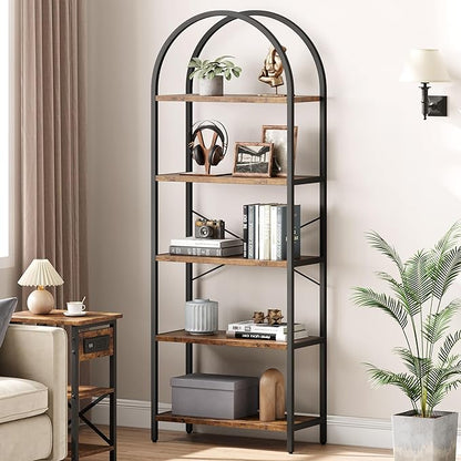 IDEALHOUSE Bookshelf 5 Tier Bookcase Arched Display Racks Tall Standing Bookshelves Metal Frame Rustic Storage Rack Shelf Brown Book Shelf for Bedroom, Living Room, Home Office, Rustic Brown