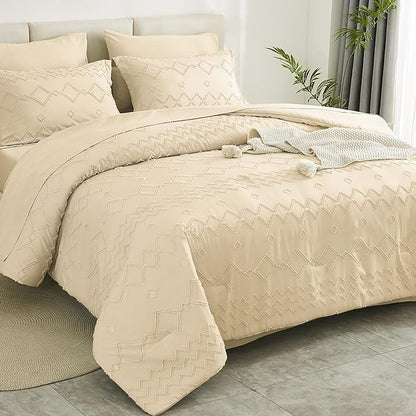EMME Queen Comforter Set - 7 Pcs Beige Boho Bedding Sets, Full Size Tufted Comforter with Sheets, Shabby Chic Embroidery Queen Bed Set Fluffy Bed Bag for All Season(90"X90")