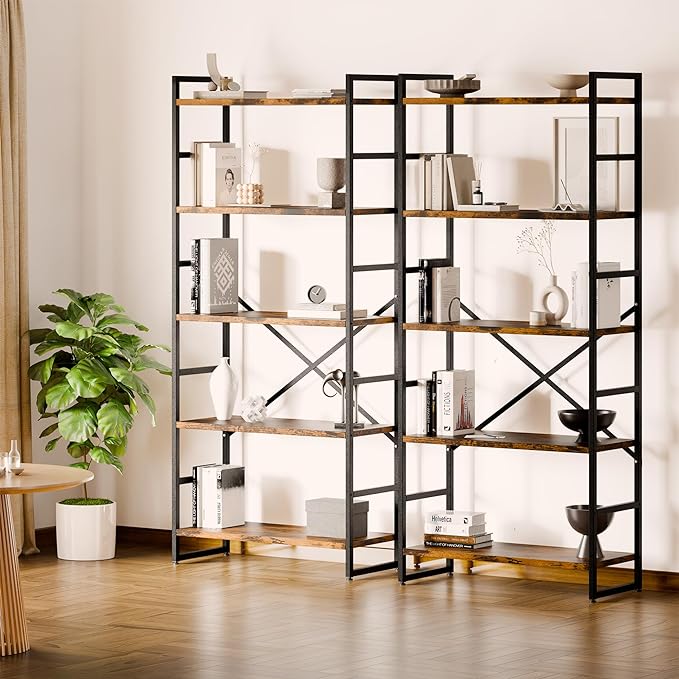 Shintenchi Bookshelf, 5 Tier Bookshelf, Tall Bookcase Shelf for CDs/Movies/Books, Home Office Bookcase Shelf Storage Organizer, Modern Book Shelf for Bedroom/Living Room/Home Office, Rustic Brown