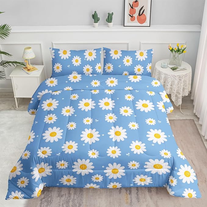 Datura home Flower Comforter Set Blue Daisy Floral Printed Pattern Quilt Bedding with 1 and 2 Pillowcases for Girls Women Bedroom All Season(Blue Queen) Queen 90x90inches
