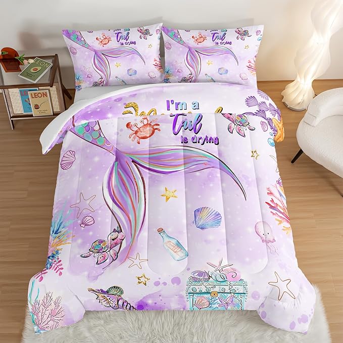 HOSIMA Kids Mermaid Comforter Set with 2 Pillowcases,Watercolor Ocean Life Sea Animal Mermaid Tail Pattern Bedding Set,Light Purpl King Size Comforter Set for Teens Girls Women Bedroom Decor.