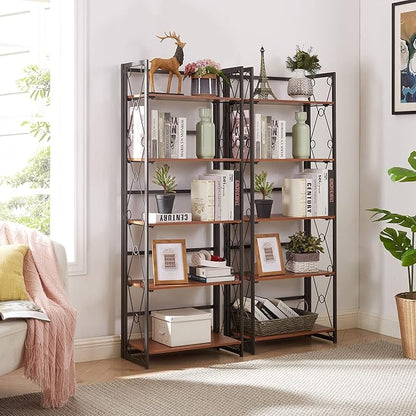 VECELO Folding Bookshelf,5 Tier Bookcase Foldable Easy Assembly, Industrial Book Shelf Storage Organizer with X Metal Frame and Anti-Toppling Design,