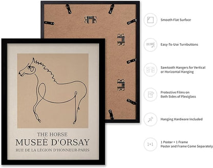 Poster Master Vintage Poster - Retro Minimalist Print - Gift for Artist, Friend - Horse, Line Drawing, Sketch, Abstract - Wall Decor for Living Room, Bedroom, 16x20 Black Framed