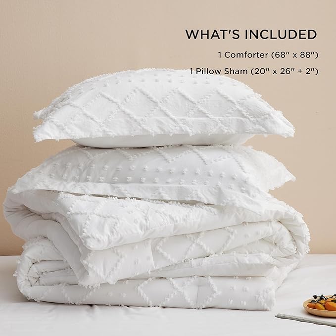 Bedsure Twin/Twin XL Comforter Set - White Boho Twin Extra Long Comforter Set for College, Shabby Chic Dorm Bedding Set, 2 Pieces Modern Farmhouse Bed Set, includes 1 Pillow Sham