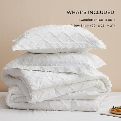 Bedsure Twin/Twin XL Comforter Set - White Boho Twin Extra Long Comforter Set for College, Shabby Chic Dorm Bedding Set, 2 Pieces Modern Farmhouse Bed Set, includes 1 Pillow Sham