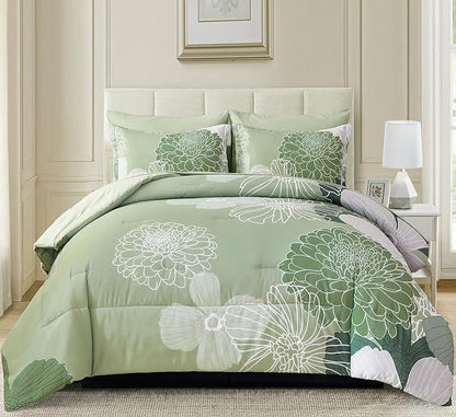 Yiran 7 Pieces Bed in a Bag Green Comforter Set Queen Floral Comforter Soft Microfiber Bedding Set with 1 Comforter 1 Flat Sheet 1 Fitted Sheet 2 Pillowshams and 2 Pillowcases