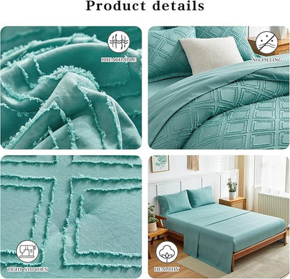 6 Pieces Tufted Bed in a Bag Twin Comforter Set with Sheets Green, Soft and Embroidery Shabby Chic Boho Bohemian Design, Luxury Solid Color with Diamond Pattern, Jacquard Tufts Bedding Set for Kids