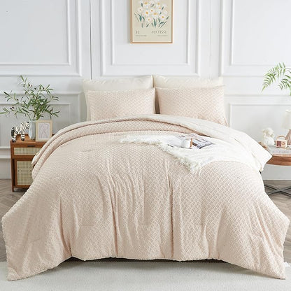 Queen Size Kids Comforter Set for Girls 7 Piece Beige Boho Tufted Kids Bedding Set for Boys Bed in A Bag Quilt Set with 1 Comforter,1 Flat Sheet, 1 Fitted Sheet, 2 Pillowcase and 2 Pillow Sham