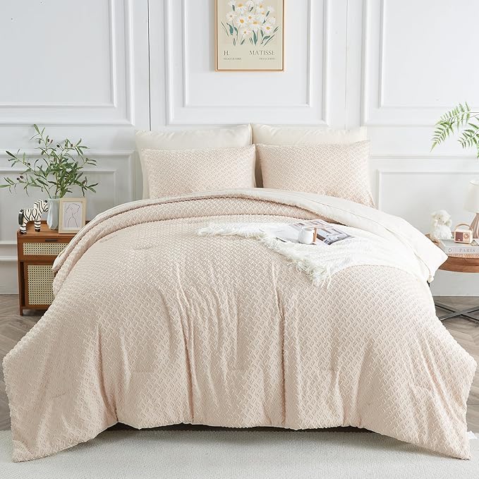 Twin Size Tufted Kids Comforter Set 6 Piece Beige Jacquard Tufts Embroidery Bedding Set for Boys Girls Bed in A Bag Quilt with 1 Comforter, 1 Flat Sheet, 1 Fitted Sheet, 1 Pillowcase and 2 Pillow Sham