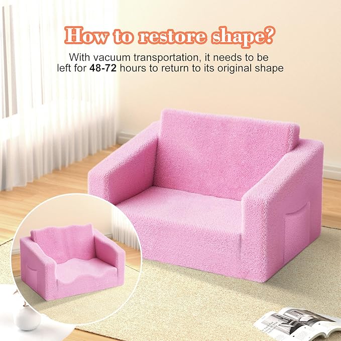 Kids Couch,2-in-1 Toddler Chairs for Girl,Kids Sofa with Storage,Comfortable Kids Sofa Bed,Fun Kids Lounge Chair,Toddler Furniture,Kids Playroom,Children'S Gifts (Pink)
