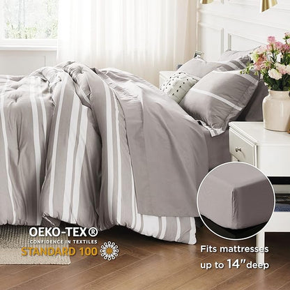 Bedsure Full Size Bedding Sets 7 Pieces, Warm Taupe White Striped Bedding Comforter Sets All Season Bed Set, 2 Pillow Shams, Flat Sheet, Fitted Sheet and 2 Pillowcases