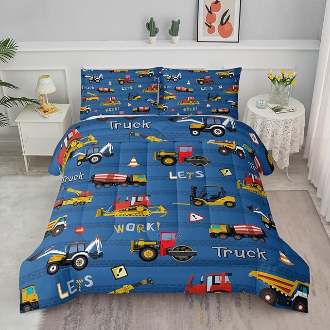 Axolotl Tractor Truck Bedding Set Full,Excavator Comforter Set,Vehicles Truck Comforter,Boys Bedding Machinery Truck Comforter Construction Site Decor for Kids Boys Teens,1 Quilt 2 Pillowcases,Blue
