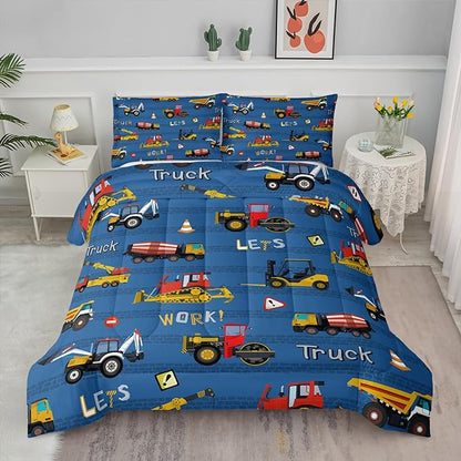 Axolotl Tractor Truck Bedding Set Full,Excavator Comforter Set,Vehicles Truck Comforter,Boys Bedding Machinery Truck Comforter Construction Site Decor for Kids Boys Teens,1 Quilt 2 Pillowcases,Blue